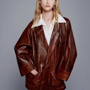 FRAME Brown Leather Oversized Double-Breasted Jacket